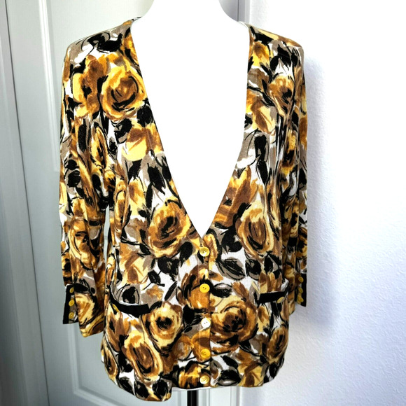 ELLEN TRACY NWT Women Large Yellow Roses Floral Bamboo Cashmere Cardigan Sweater - Picture 2 of 11